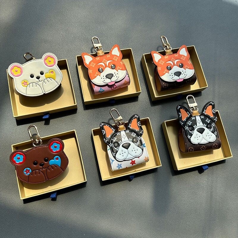 Bear, French Bulldog and Shiba Inu Earbud Case Keychain – Babylon Leather - Babylon LeatherBabylon LeatherCLJ06-Pink & Orange