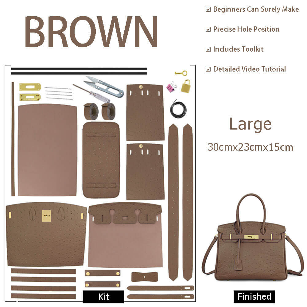 Birkin - Style Bag DIY Kit with Oblique Hole & Ostrich Pattern – Babylon Leather - Babylon LeatherBabylon LeatherSY105-Brown-Gold-Color-Matched