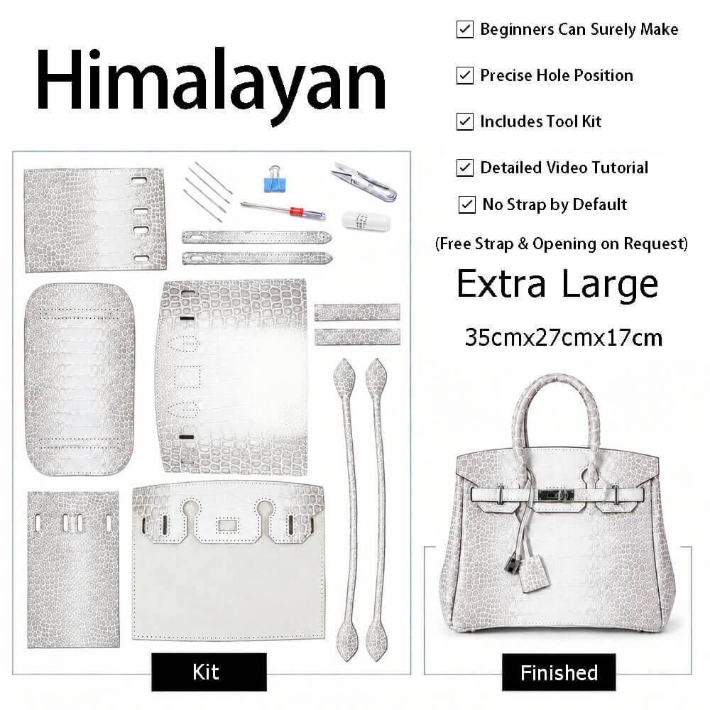 Birkin-Style Himalayan Embossed Cowhide Tote Bag DIY Kit | Pre-Order - Babylon LeatherBabylon LeatherSY143-White with Grey Antiquing 1-Extra Large-Gold & Color-Matched
