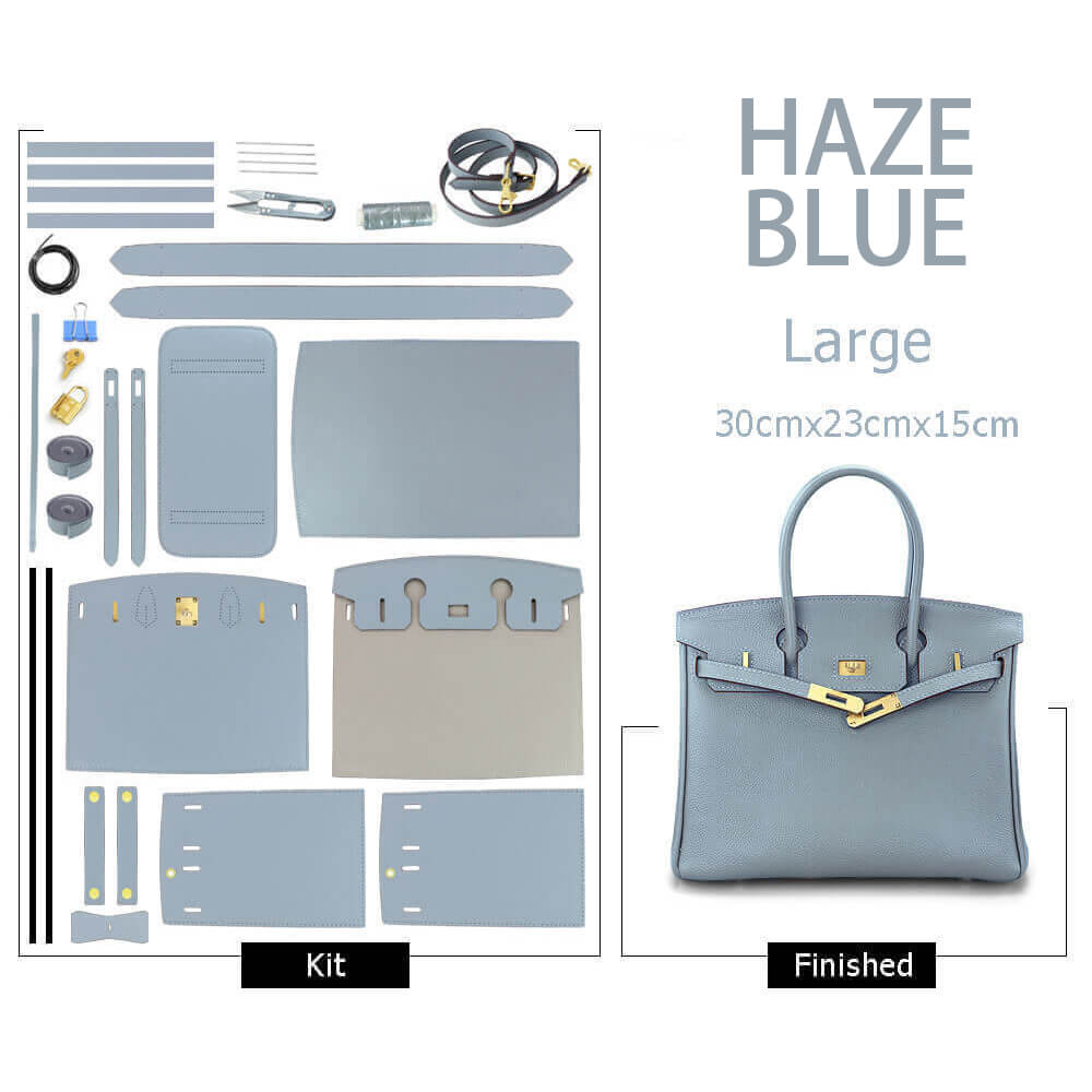 Birkin-Style Leather Bag DIY Kit with Oblique Holes & Togo Leather – Babylon Leather - Babylon LeatherBabylon LeatherSY104-Haze Blue-Gold-Color-Matched