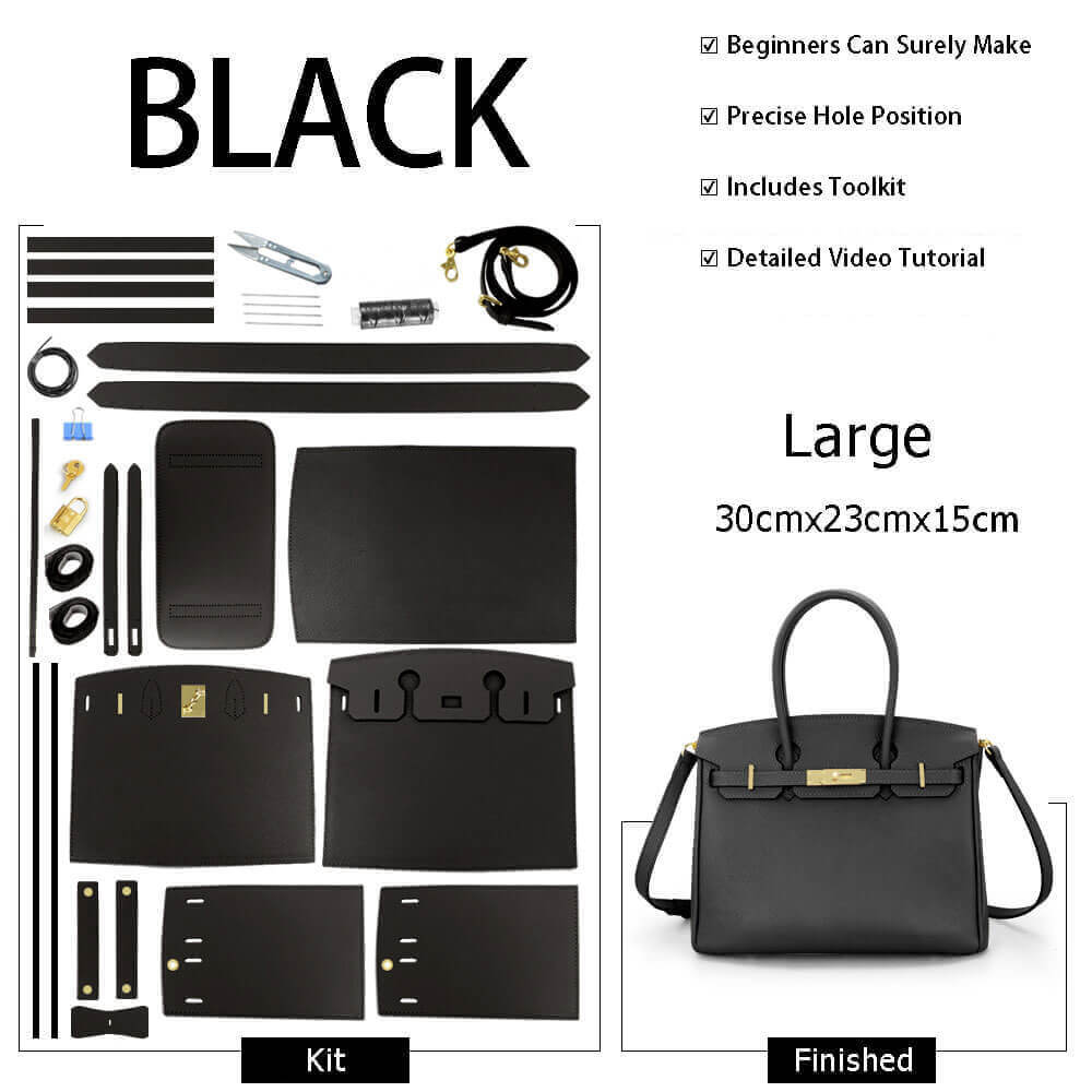 Birkin - Style Leather Bag DIY Kit with Oblique Pricked Holes ¨C Babylon Leather - Babylon LeatherBabylon LeatherSY104-Black-Gold-Color-Matched