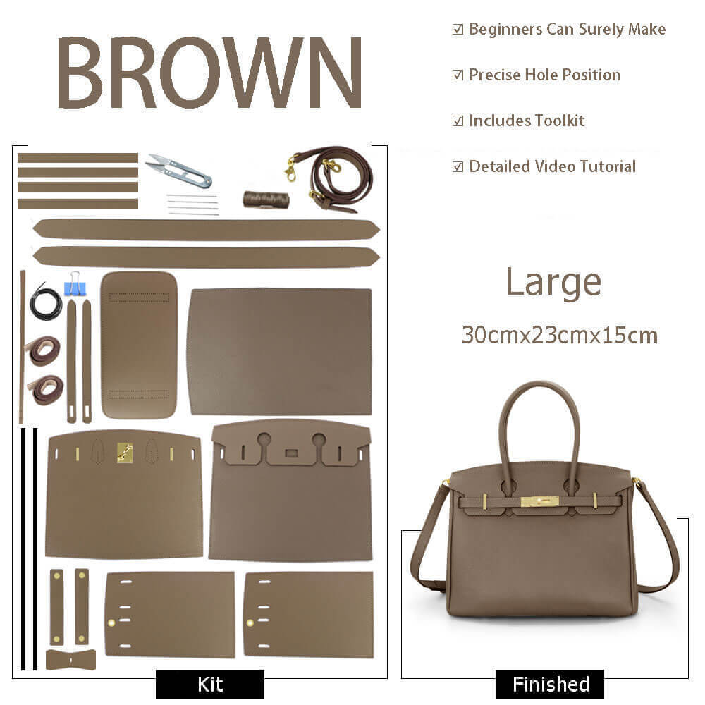 Birkin - Style Leather Bag DIY Kit with Oblique Pricked Holes ¨C Babylon Leather - Babylon LeatherBabylon LeatherSY104-Brown-Gold-Color-Matched