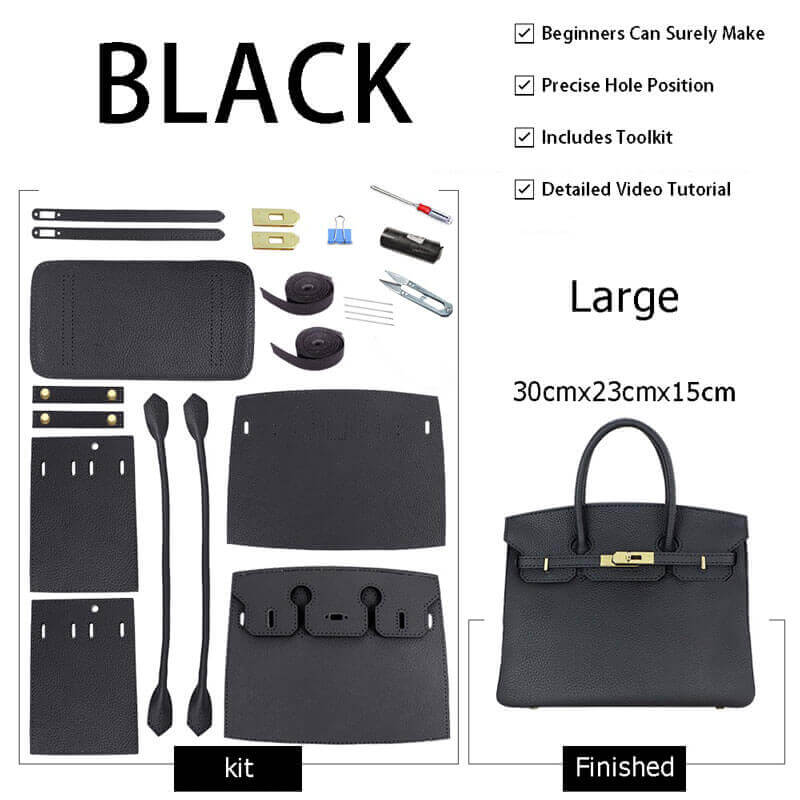 Birkin - Style Leather Tote Bag DIY Kit – Babylon Leather - Babylon LeatherBabylon LeatherSY04 - Black - Large - Gold & Color - Matched