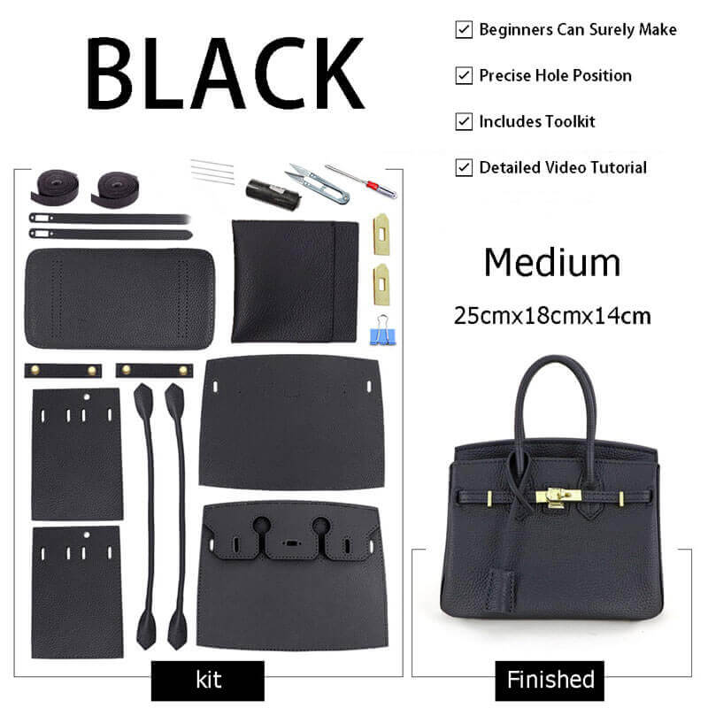 Birkin - Style Leather Tote Bag DIY Kit – Babylon Leather - Babylon LeatherBabylon LeatherSY04 - Black - Medium - Gold & Color - Matched