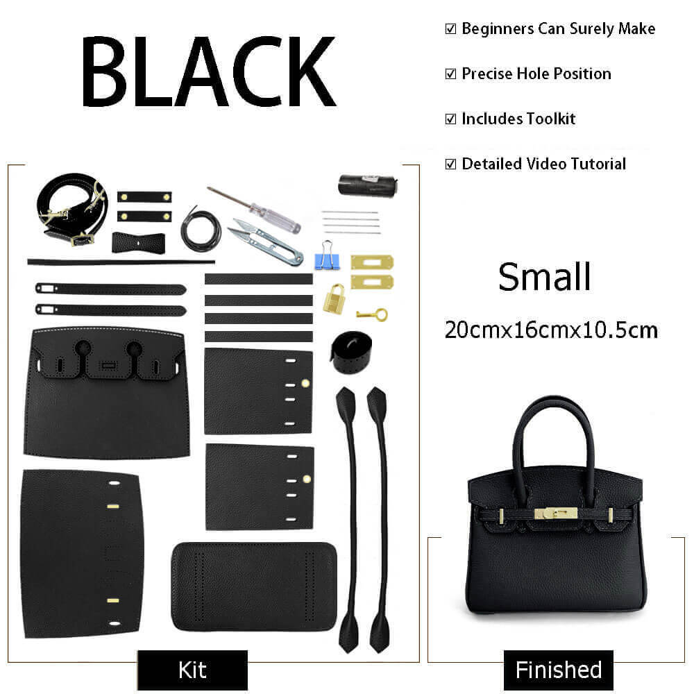 Birkin - Style Leather Tote Bag DIY Kit – Babylon Leather - Babylon LeatherBabylon LeatherSY04 - Black - Small - Gold & Color - Matched