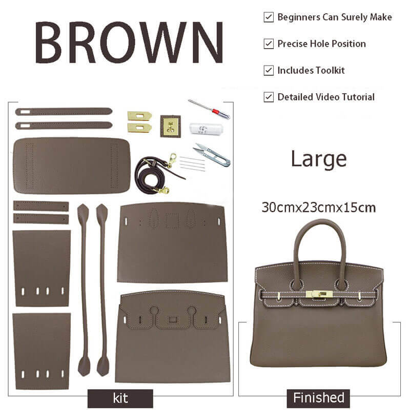 Birkin - Style Leather Tote Bag DIY Kit – Babylon Leather - Babylon LeatherBabylon LeatherSY04 - Brown - Large - Gold & White