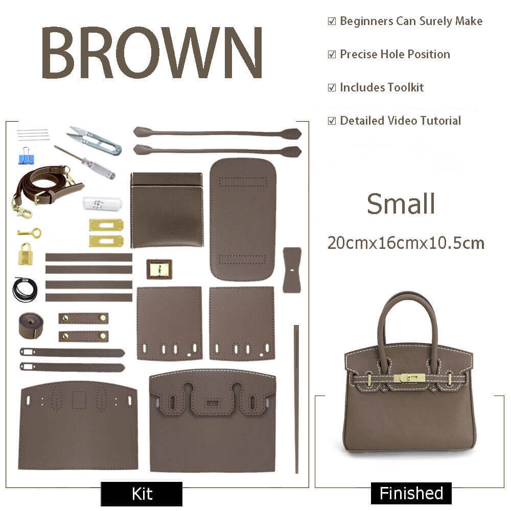 Birkin - Style Leather Tote Bag DIY Kit – Babylon Leather - Babylon LeatherBabylon LeatherSY04 - Brown - Small - Gold & White