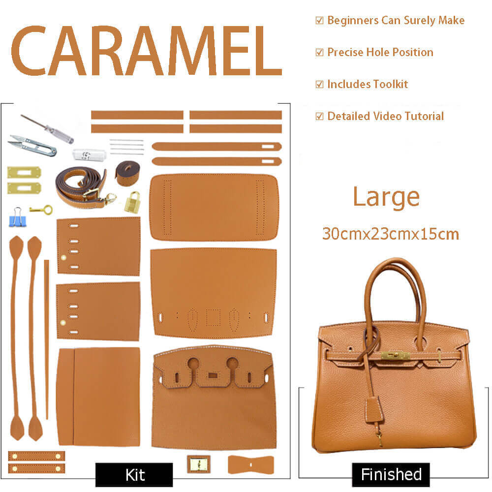 Birkin - Style Leather Tote Bag DIY Kit – Babylon Leather - Babylon LeatherBabylon LeatherSY04 - Caramel - Large - Gold & White