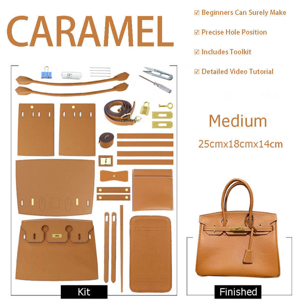 Birkin - Style Leather Tote Bag DIY Kit – Babylon Leather - Babylon LeatherBabylon LeatherSY04 - Caramel - Medium - Gold & White