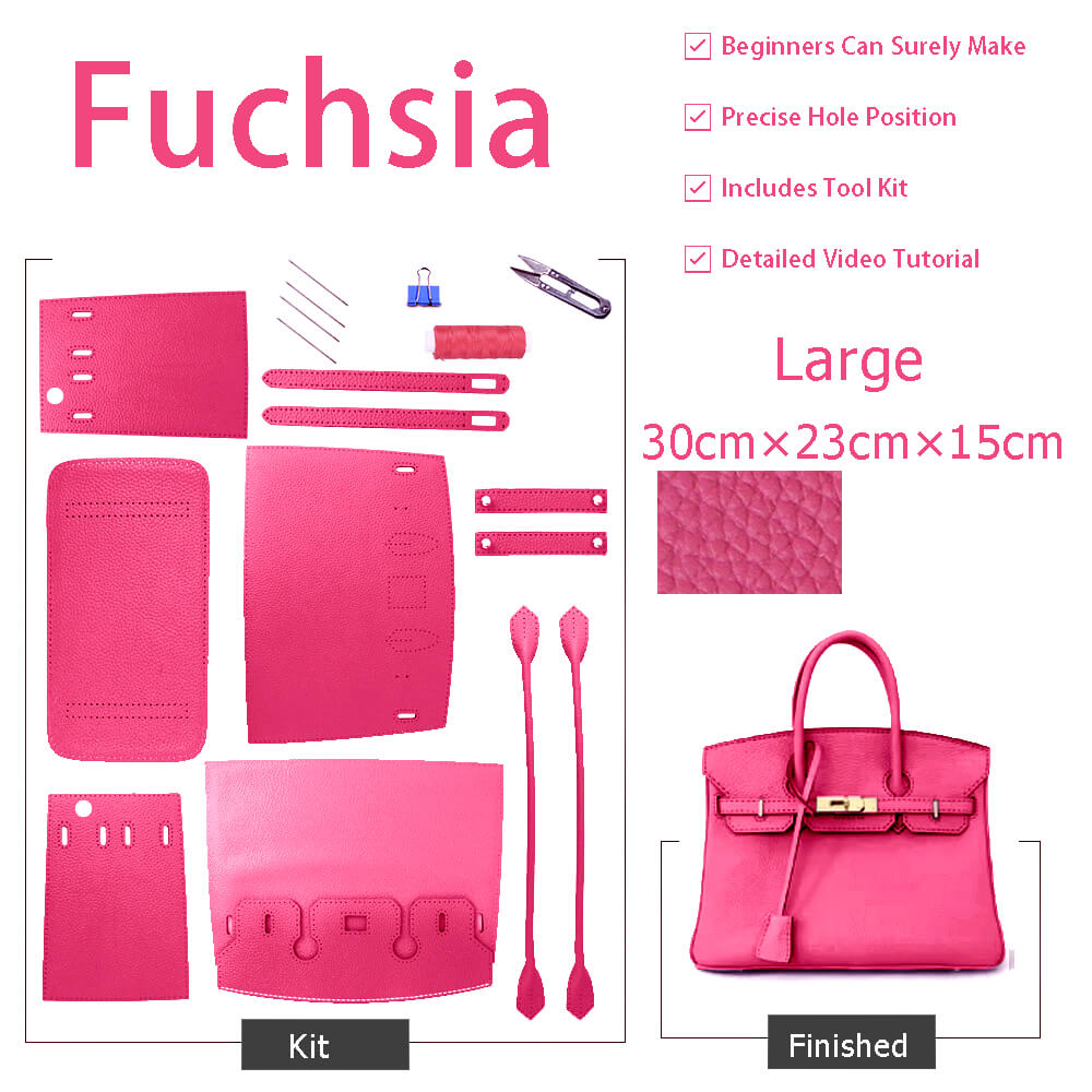 Birkin-Style Leather Tote Bag DIY Kit – Babylon Leather - Babylon LeatherBabylon LeatherSY04-Fuchsia-Large-Gold & White