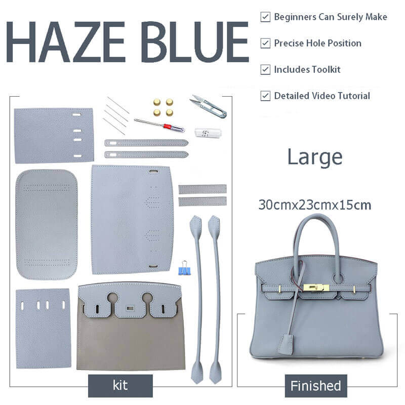 Birkin - Style Leather Tote Bag DIY Kit – Babylon Leather - Babylon LeatherBabylon LeatherSY04 - Haze Blue - Large - Gold & White