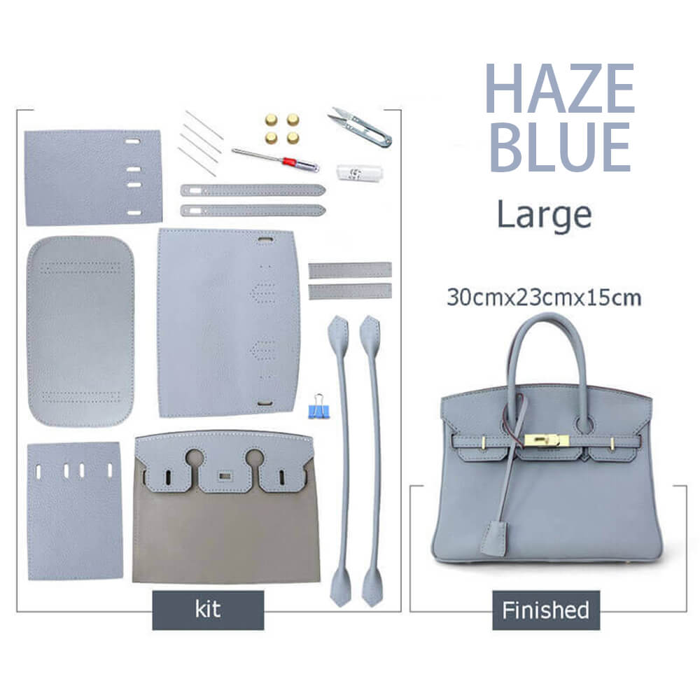 Birkin-Style Leather Tote Bag DIY Kit – Babylon Leather - Babylon LeatherBabylon LeatherSY04-Haze Blue-Large-Gold & White