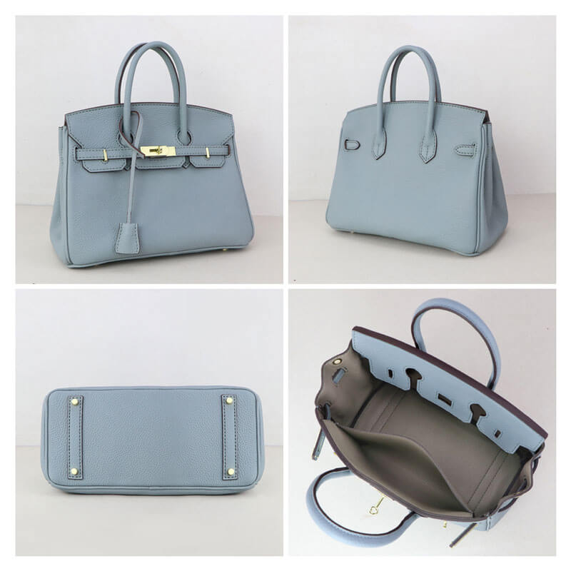Birkin - Style Leather Tote Bag DIY Kit – Babylon Leather - Babylon LeatherBabylon LeatherSY04 - Haze Blue - Large - Gold & White