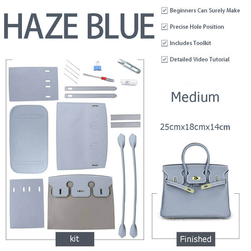 Birkin - Style Leather Tote Bag DIY Kit – Babylon Leather - Babylon LeatherBabylon LeatherSY04 - Haze Blue - Medium - Gold & White