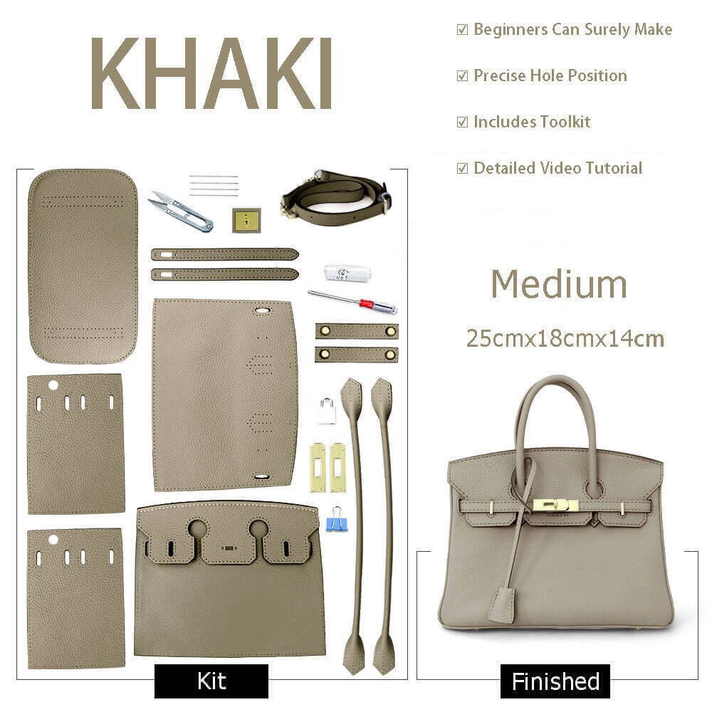 Birkin - Style Leather Tote Bag DIY Kit – Babylon Leather - Babylon LeatherBabylon LeatherSY04 - Khaki - Medium - Gold & White