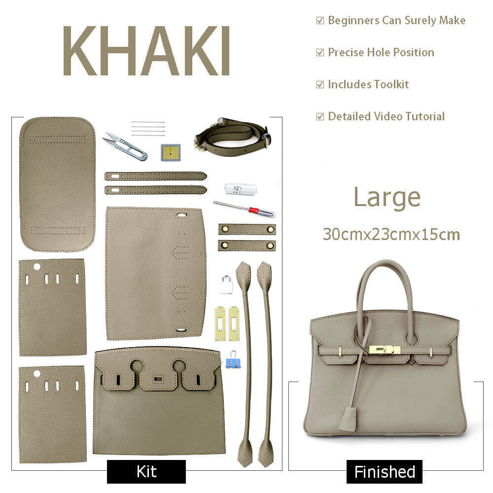 Birkin - Style Leather Tote Bag DIY Kit – Babylon Leather - Babylon LeatherBabylon LeatherSY04 - Khaki - Small - Gold & White