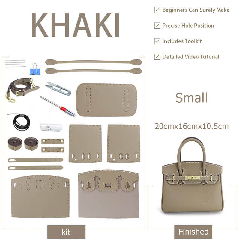 Birkin - Style Leather Tote Bag DIY Kit – Babylon Leather - Babylon LeatherBabylon LeatherSY04-Khaki-Small-Gold & White