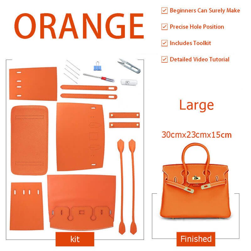 Birkin - Style Leather Tote Bag DIY Kit – Babylon Leather - Babylon LeatherBabylon LeatherSY04 - Orange - Large - Gold & White
