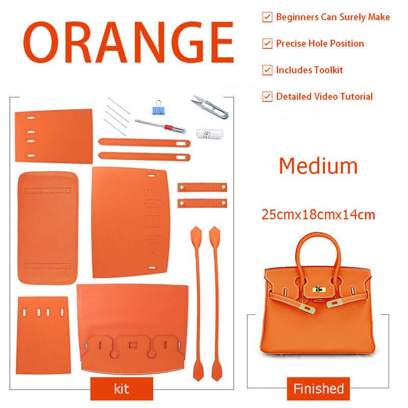 Birkin - Style Leather Tote Bag DIY Kit – Babylon Leather - Babylon LeatherBabylon LeatherSY04 - Orange - Medium - Gold & White