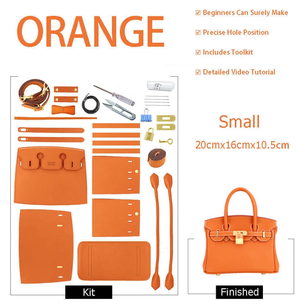 Birkin - Style Leather Tote Bag DIY Kit – Babylon Leather - Babylon LeatherBabylon LeatherSY04 - Orange - Small - Gold & White