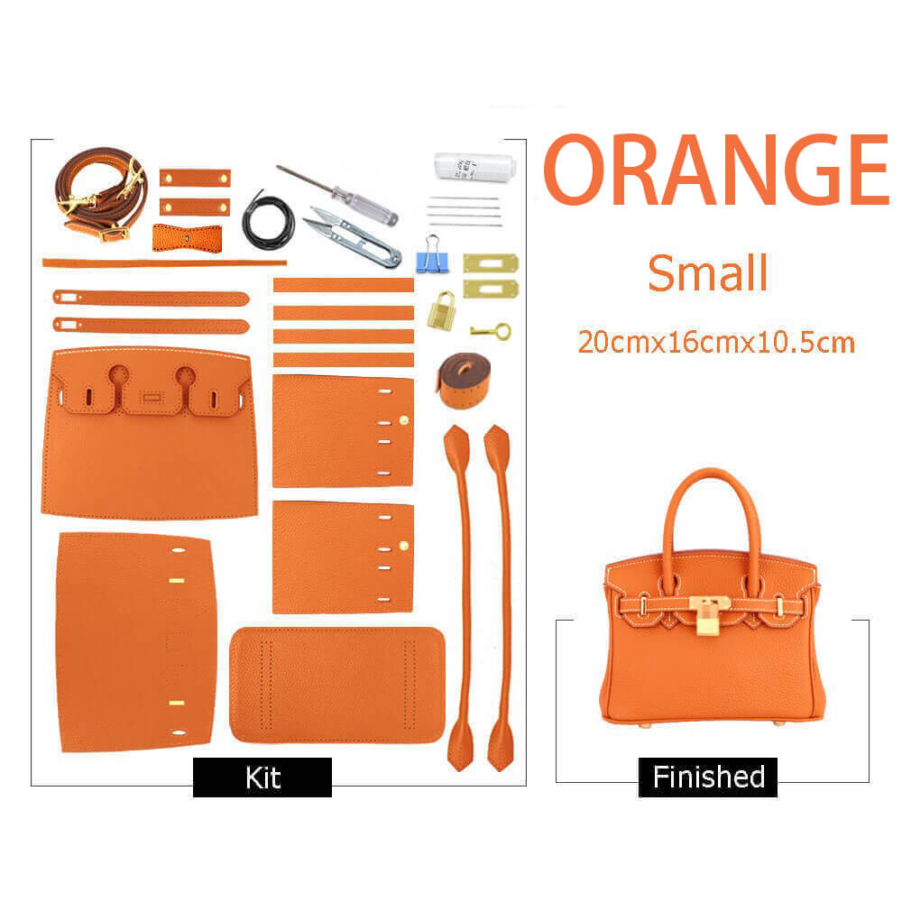 Birkin-Style Leather Tote Bag DIY Kit – Babylon Leather - Babylon LeatherBabylon LeatherSY04-Orange-Small-Gold & White