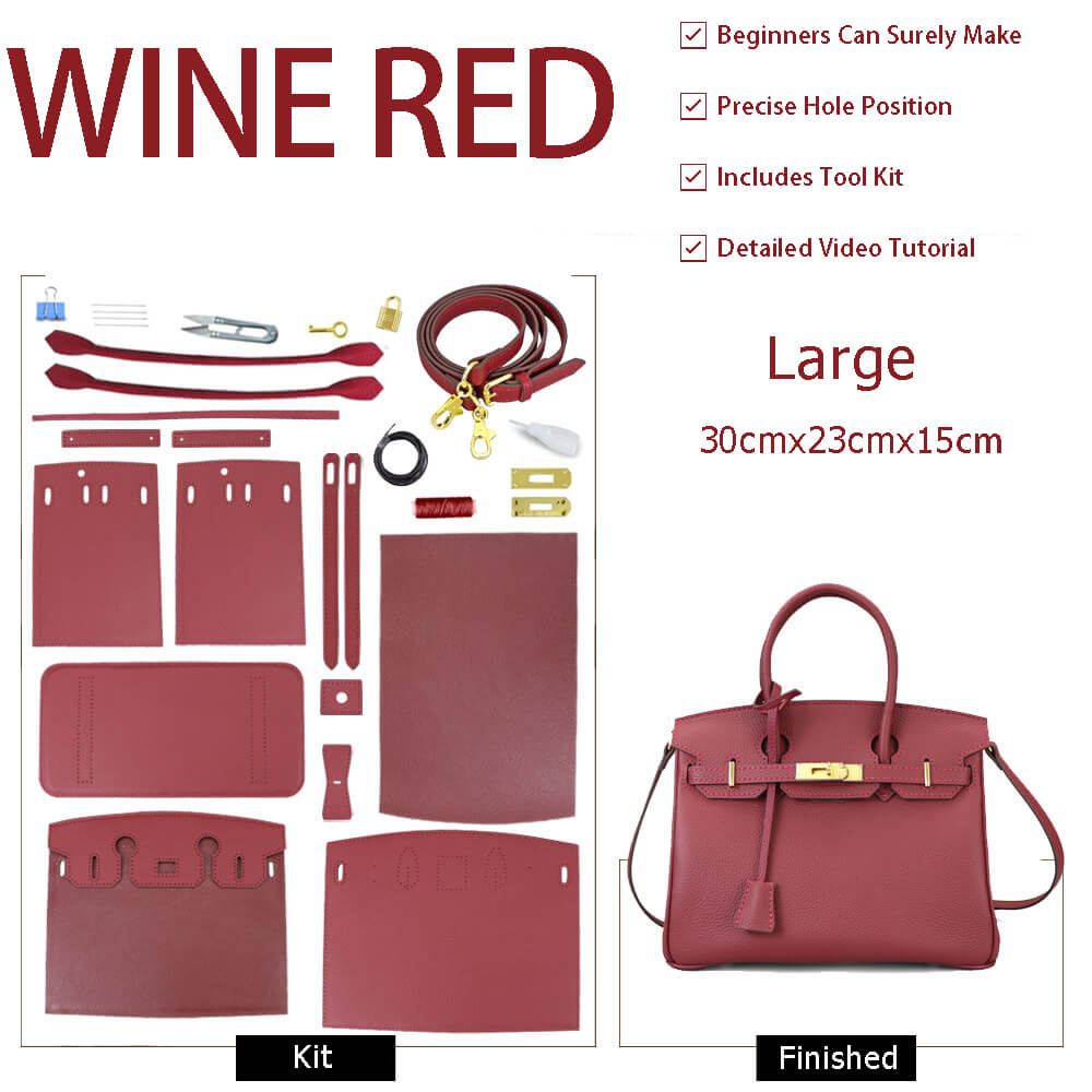 Birkin - Style Leather Tote Bag DIY Kit – Babylon Leather - Babylon LeatherBabylon LeatherSY04-Wine Red-Large-Gold & Color-Matched