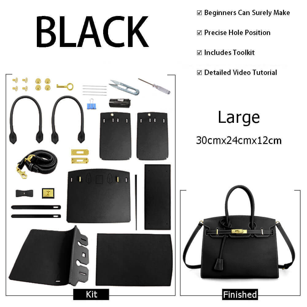 Birkin - Style Leather Tote Bag DIY Kit (No Piping Strip) - Babylon Leather - Babylon LeatherBabylon LeatherSY101-Black-Gold-Color-Matched