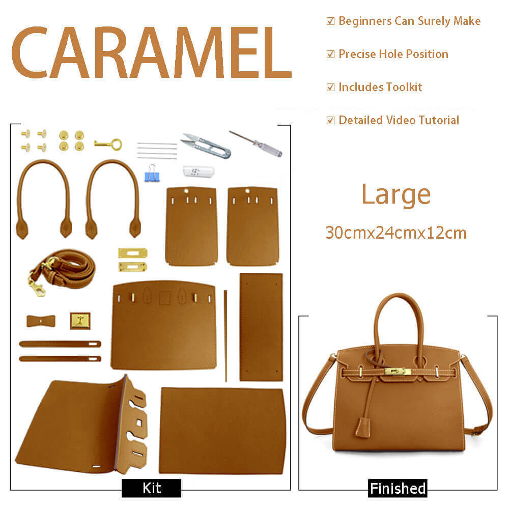 Birkin - Style Leather Tote Bag DIY Kit (No Piping Strip) - Babylon Leather - Babylon LeatherBabylon LeatherSY101-Caramel-Gold-White