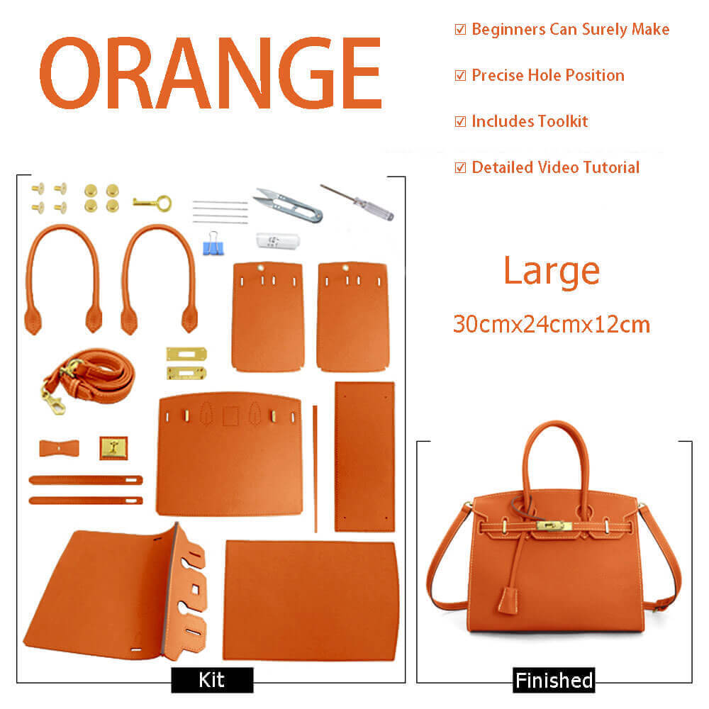 Birkin - Style Leather Tote Bag DIY Kit (No Piping Strip) - Babylon Leather - Babylon LeatherBabylon LeatherSY101-Orange-Gold-White