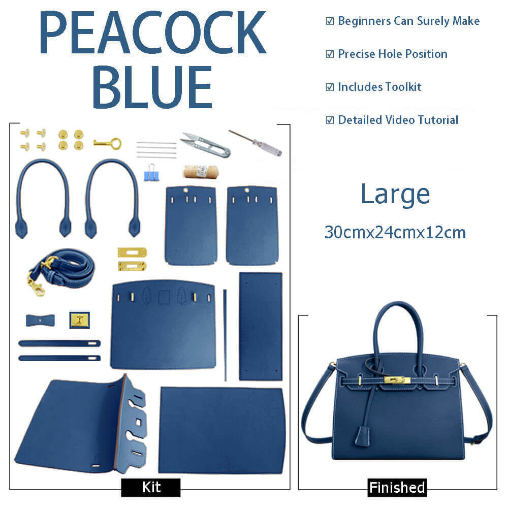 Birkin - Style Leather Tote Bag DIY Kit (No Piping Strip) - Babylon Leather - Babylon LeatherBabylon LeatherSY101-Peacock Blue-Gold-White