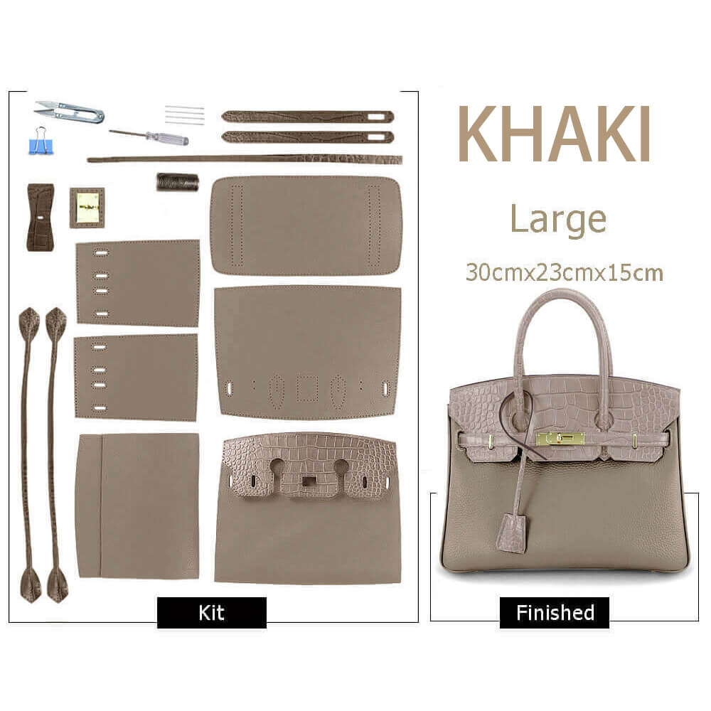 Birkin-Style Leather Tote Bag DIY Kit with Crocodile Flap – Babylon Leather - Babylon LeatherBabylon Grand SaleBabylon LeatherSY112-Khaki-Gold-Color-Matched