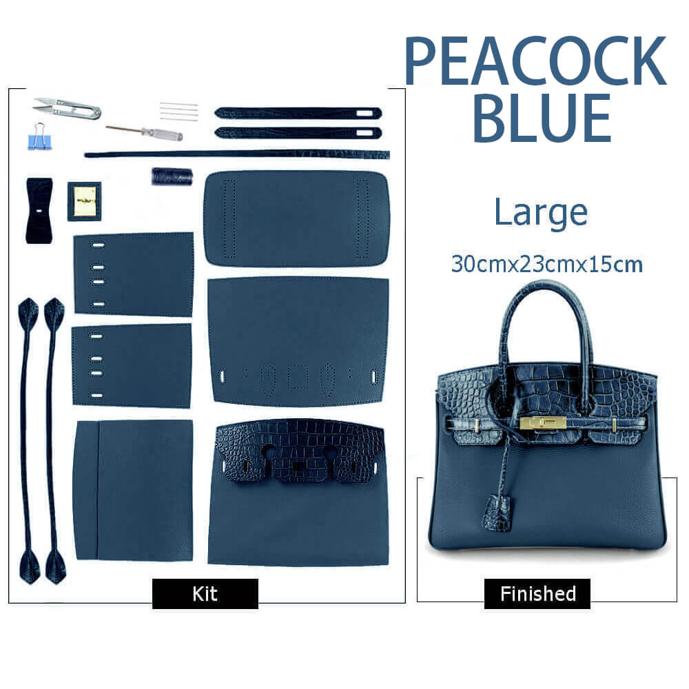 Birkin-Style Leather Tote Bag DIY Kit with Crocodile Flap – Babylon Leather - Babylon LeatherBabylon Grand SaleBabylon LeatherSY112-Peacock Blue-Gold-Color-Matched