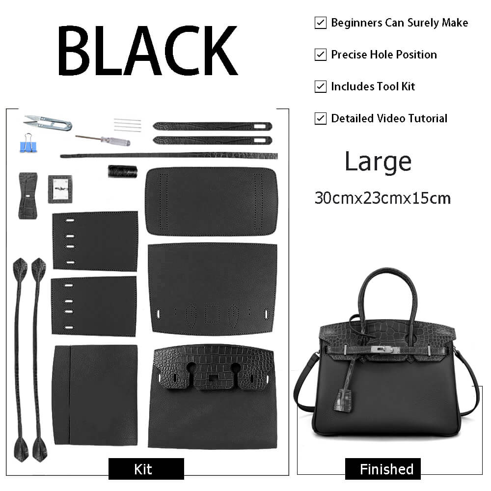 Birkin - Style Leather Tote Bag DIY Kit with Crocodile Flap – Babylon Leather - Babylon LeatherBabylon LeatherSY112-Black-Gold-Color-Matched