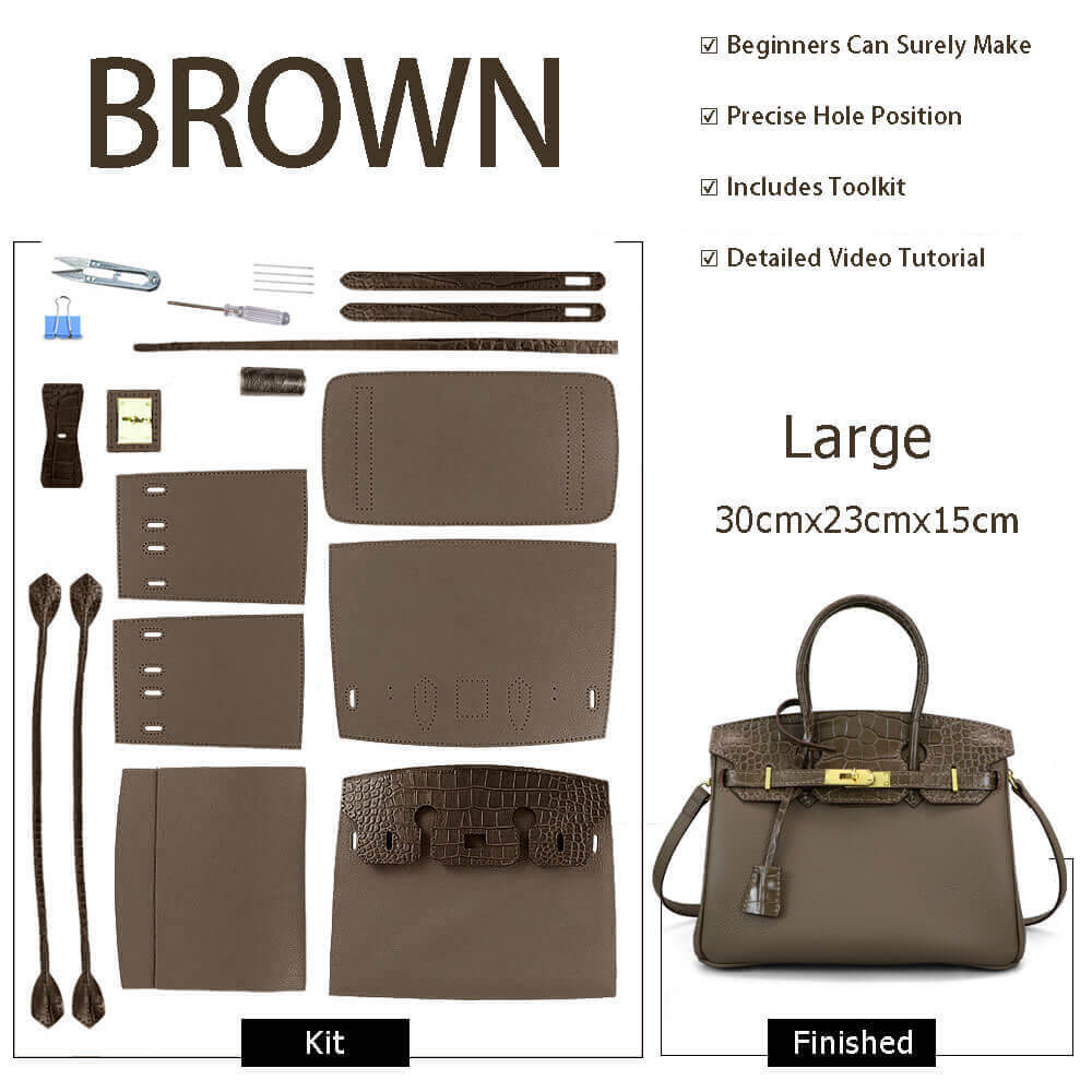 Birkin - Style Leather Tote Bag DIY Kit with Crocodile Flap – Babylon Leather - Babylon LeatherBabylon LeatherSY112-Brown-Gold-Color-Matched