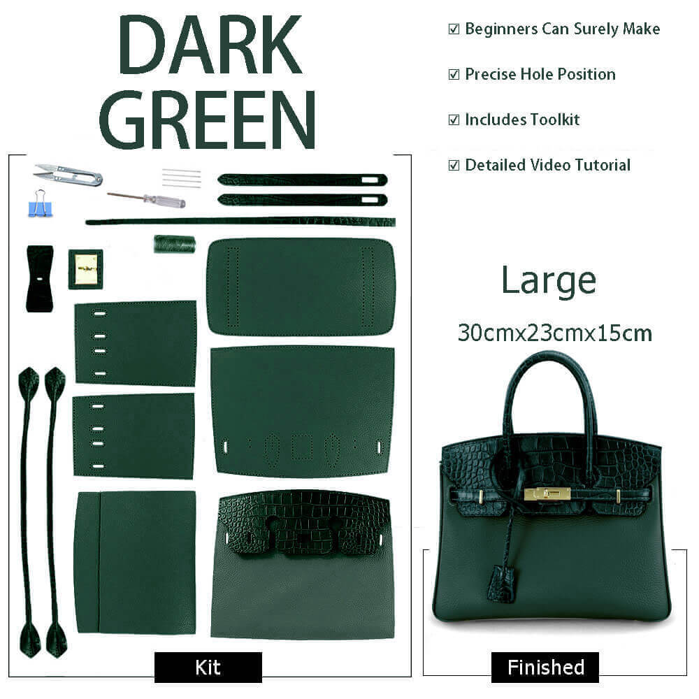Birkin - Style Leather Tote Bag DIY Kit with Crocodile Flap – Babylon Leather - Babylon LeatherBabylon LeatherSY112-Dark Green-Gold-Color-Matched
