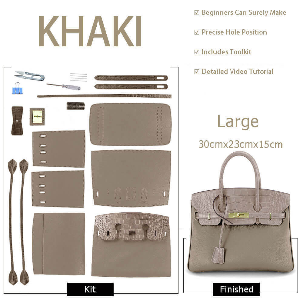 Birkin - Style Leather Tote Bag DIY Kit with Crocodile Flap – Babylon Leather - Babylon LeatherBabylon LeatherSY112-Khaki-Gold-Color-Matched