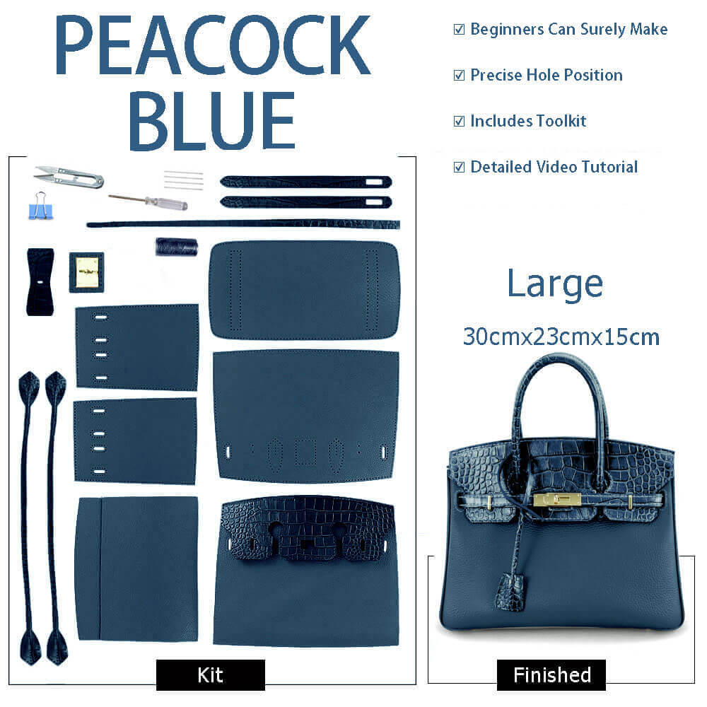 Birkin - Style Leather Tote Bag DIY Kit with Crocodile Flap – Babylon Leather - Babylon LeatherBabylon LeatherSY112-Peacock Blue-Gold-Color-Matched