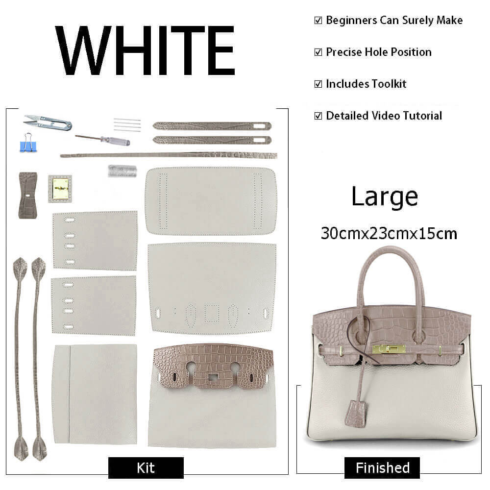 Birkin - Style Leather Tote Bag DIY Kit with Crocodile Flap – Babylon Leather - Babylon LeatherBabylon LeatherSY112-White-Gold-Color-Matched