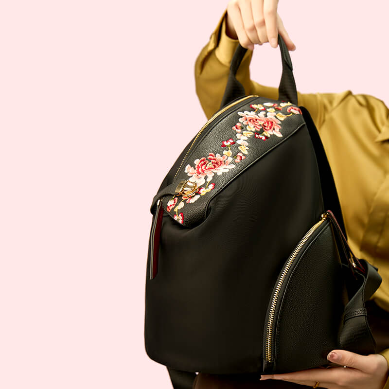 Bloom of Legacy Silk Embroidery Backpack – Babylon Leather - Babylon LeatherBabylon LeatherTX214-Black
