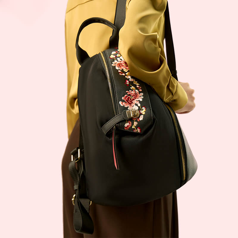 Bloom of Legacy Silk Embroidery Backpack – Babylon Leather - Babylon LeatherBabylon LeatherTX214-Black