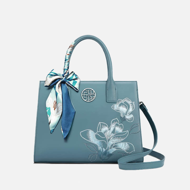 Calm Elegance Leather Embroidery Crossbody Handbag – Babylon Leather - Babylon LeatherBabylon LeatherTX179-Cyan
