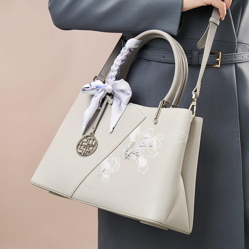 Calm Elegance Leather Embroidery Handbag Crossbody Bag – Babylon Leather - Babylon LeatherBabylon LeatherTX186-Grey