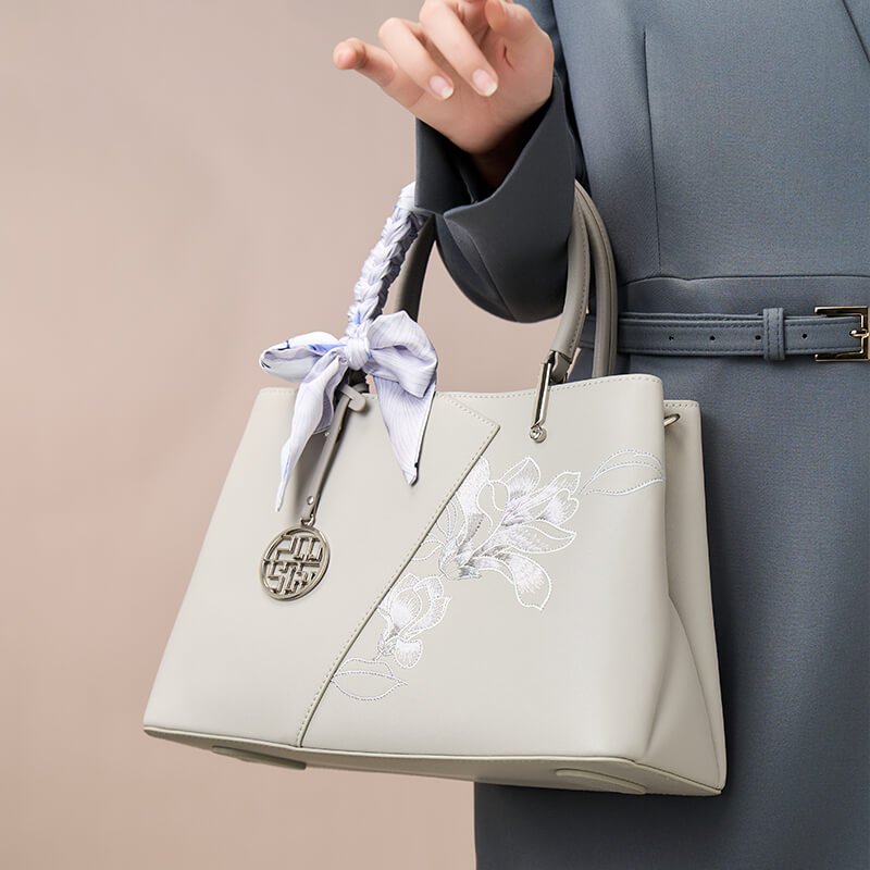 Calm Elegance Leather Embroidery Handbag Crossbody Bag – Babylon Leather - Babylon LeatherBabylon LeatherTX186-Grey