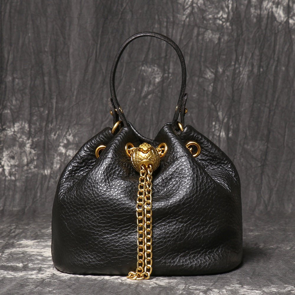 Compact Top - Grain Leather Mini Drawstring Bucket Handbag – Babylon Leather - Babylon LeatherBabylon LeatherLJ142-Black