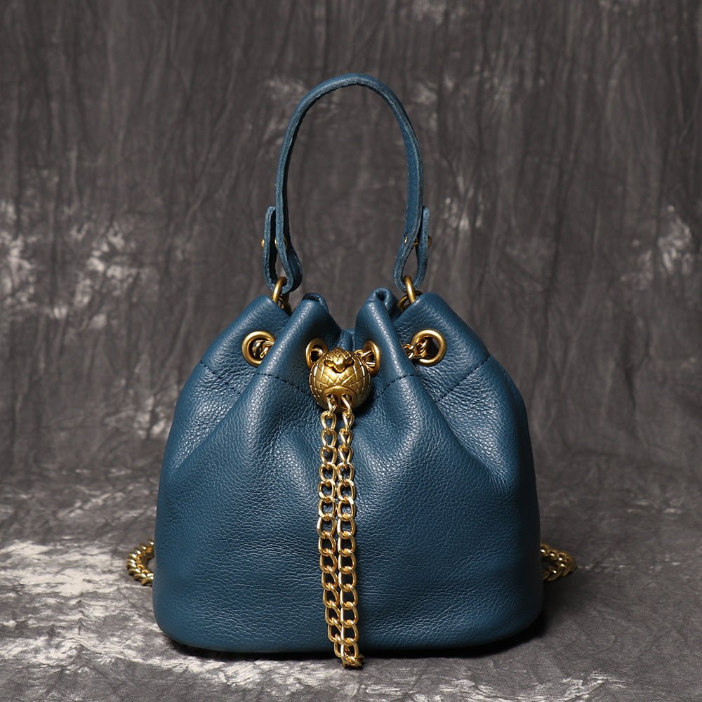 Compact Top - Grain Leather Mini Drawstring Bucket Handbag – Babylon Leather - Babylon LeatherBabylon LeatherLJ142-Blue