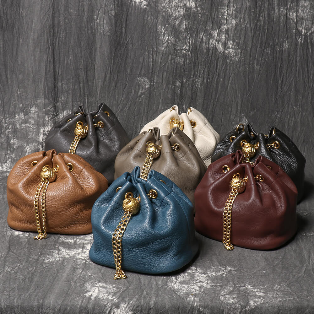 Compact Top - Grain Leather Mini Drawstring Bucket Handbag – Babylon Leather - Babylon LeatherBabylon LeatherLJ142-Blue