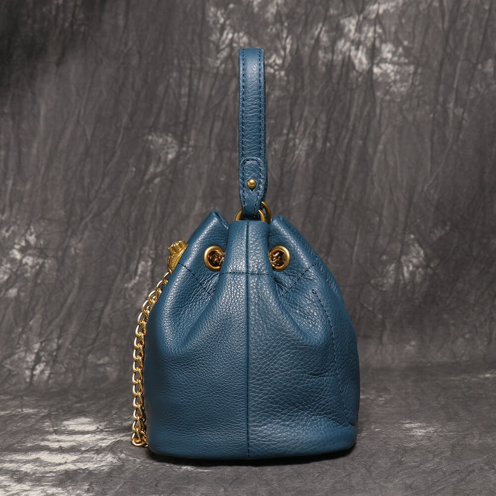 Compact Top - Grain Leather Mini Drawstring Bucket Handbag – Babylon Leather - Babylon LeatherBabylon LeatherLJ142-Blue