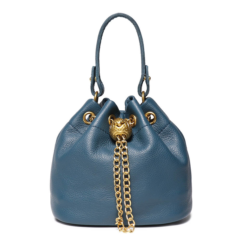 Compact Top - Grain Leather Mini Drawstring Bucket Handbag – Babylon Leather - Babylon LeatherBabylon LeatherLJ142-Blue