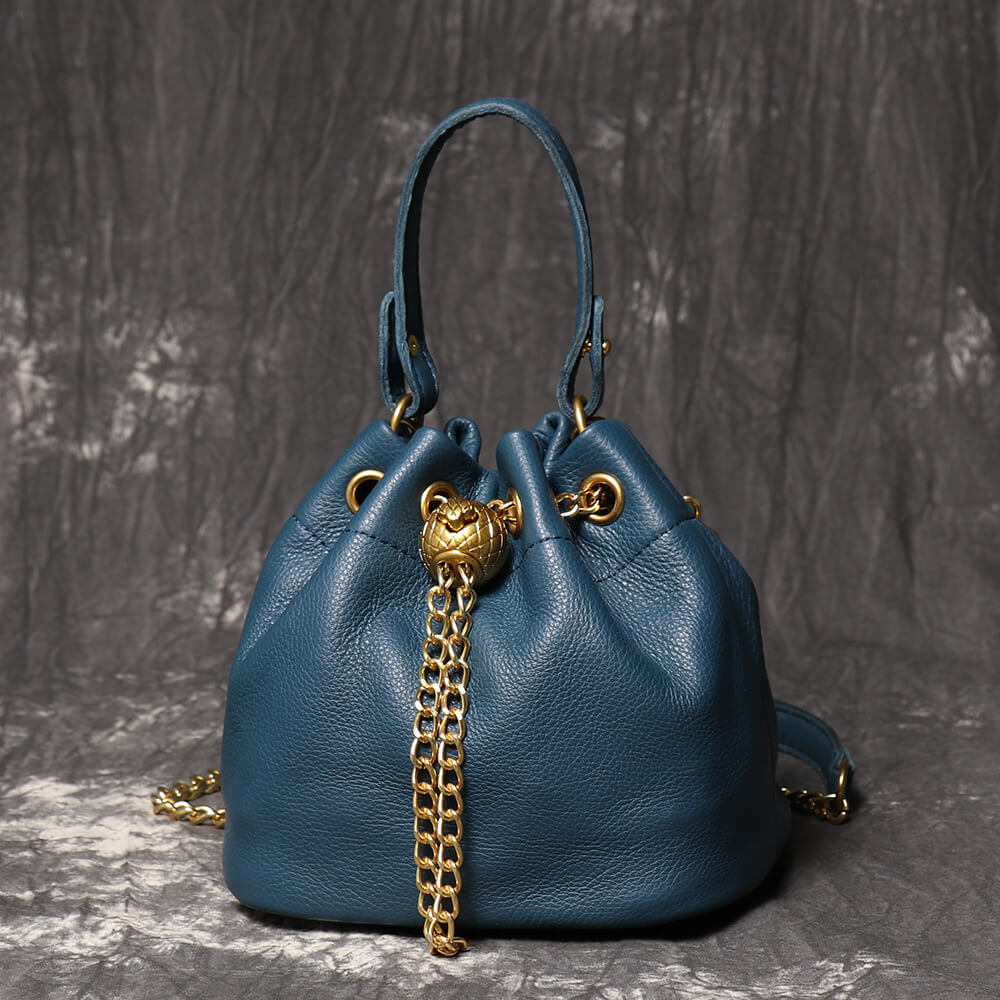 Compact Top - Grain Leather Mini Drawstring Bucket Handbag – Babylon Leather - Babylon LeatherBabylon LeatherLJ142-Blue