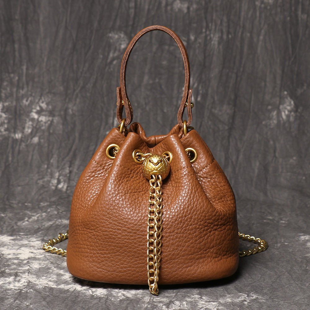 Compact Top - Grain Leather Mini Drawstring Bucket Handbag – Babylon Leather - Babylon LeatherBabylon LeatherLJ142-Brown